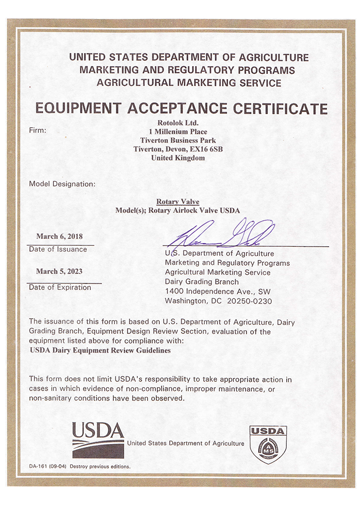 USDA equipment acceptance certificate for Rotolok rotary airlock valve