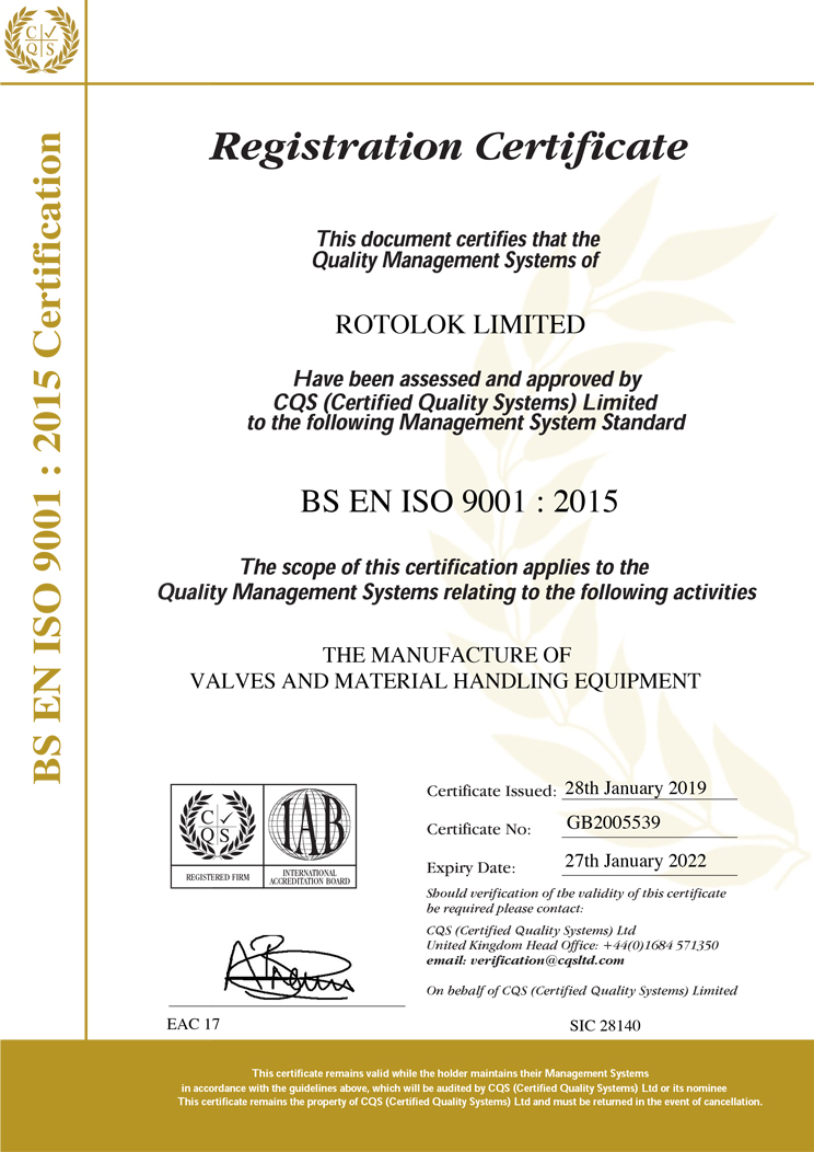 BS EN ISO 9001:2015 quality management certificate for Rotolok Limited